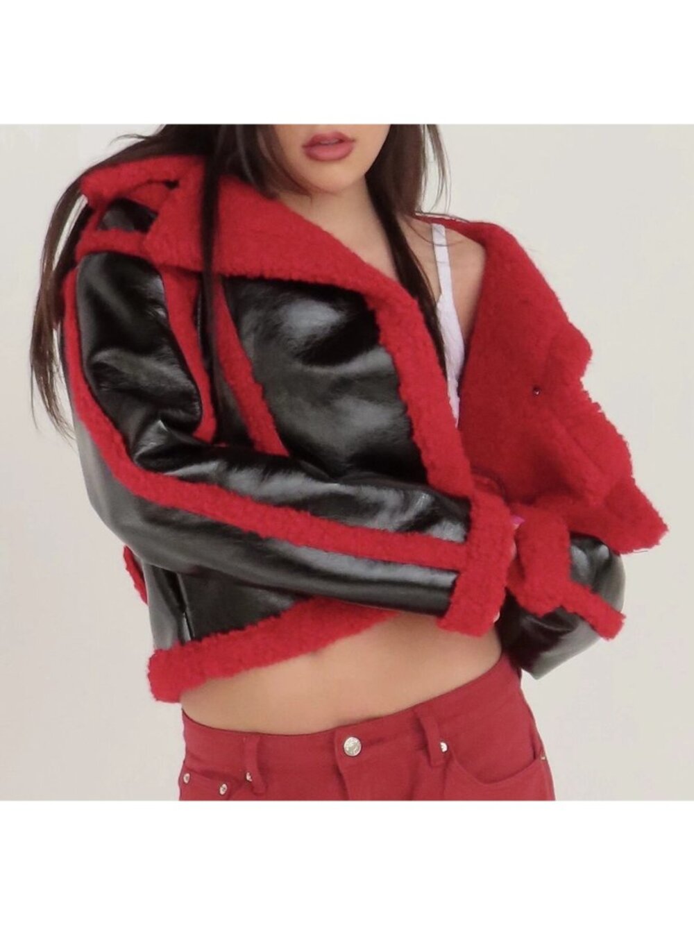7 For All Mankind Faux Patent Leather Sherpa Moto Jacket Women's XS New with Tag - Picture 2 of 5